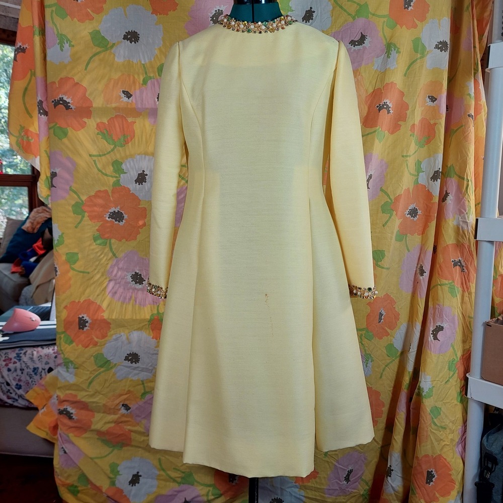 Vintage 60s Carlye Yellow Jeweled Collar Dress Faux Pearl Embellished Medium